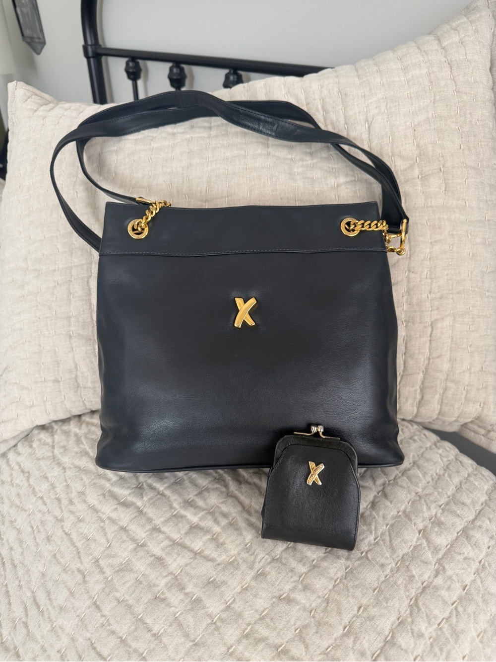 Paloma Picasso Black Leather Shoulder Bag with Kisslock Coin Purse